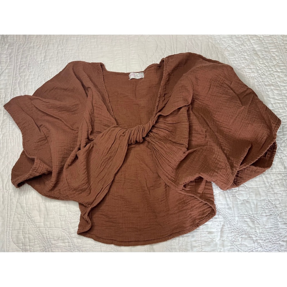 Free People Brown Gauze Twist Front Butterfly Sleeve Top One Size Boho Blouse